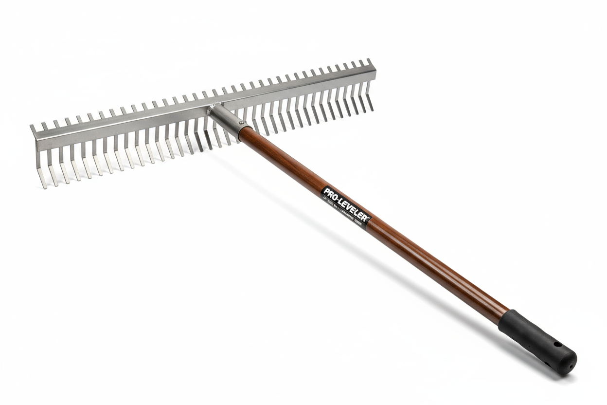 A 24-inch wide steel rake designed for leveling soil, gravel, and mulch with ease, ideal for landscaping professionals.
