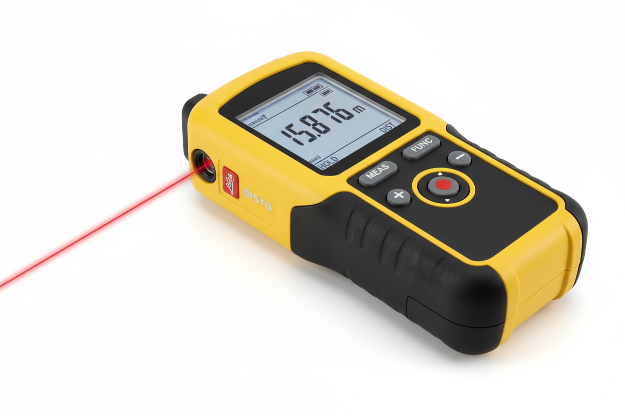A handheld laser device for accurately measuring distances up to 100 feet, perfect for architects and project managers on-site.