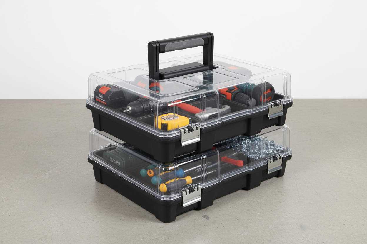 A portable, stackable tool organizer with compartments for easy storage and transportation of construction tools.