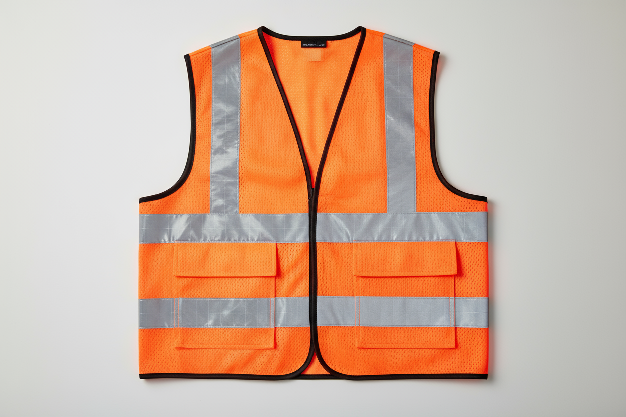 High-visibility safety vest with reflective strips, made from breathable fabric for comfort and visibility during outdoor construction work.